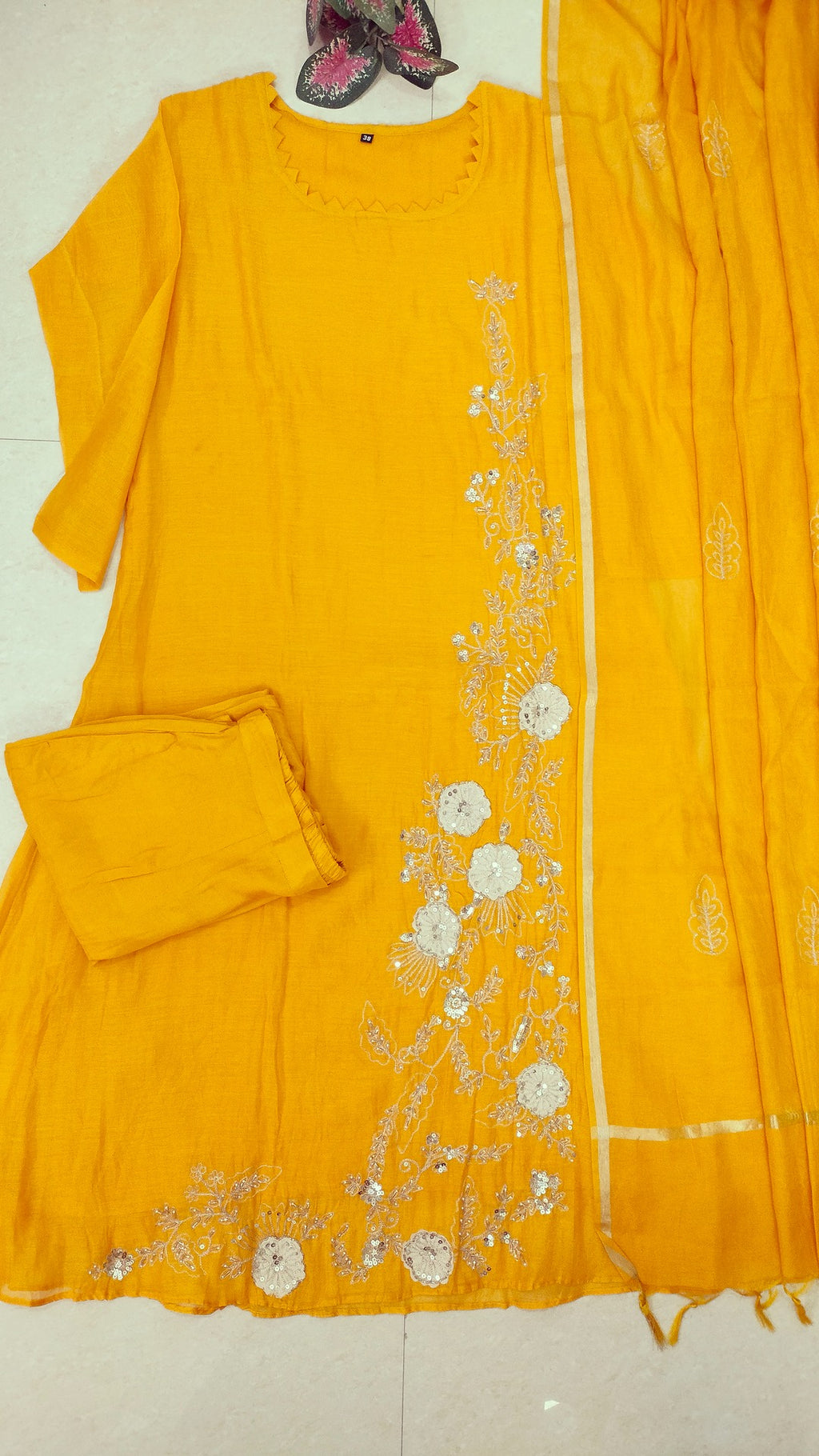 Premium mul chanderi Yellow colour A-line suit set