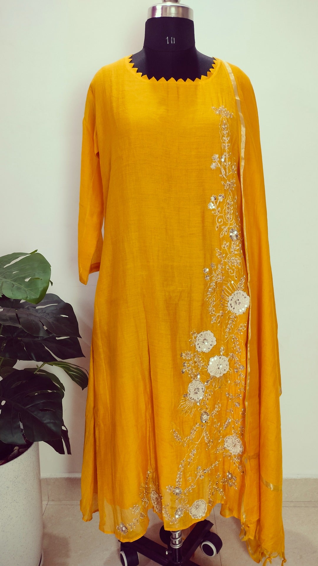 Premium mul chanderi Yellow colour A-line suit set
