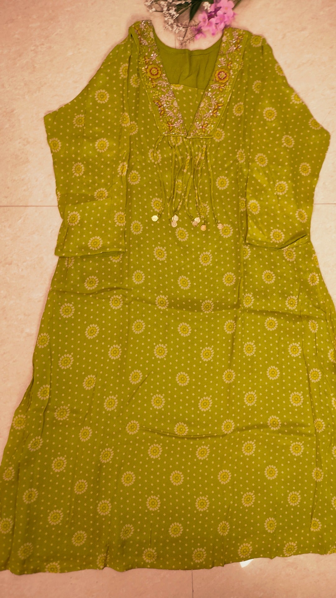 Olive green Chinon bandhej suit set