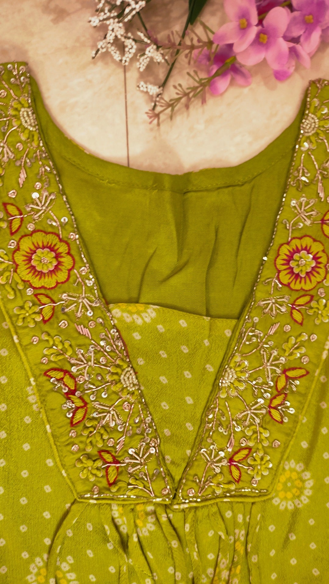 Olive green Chinon bandhej suit set