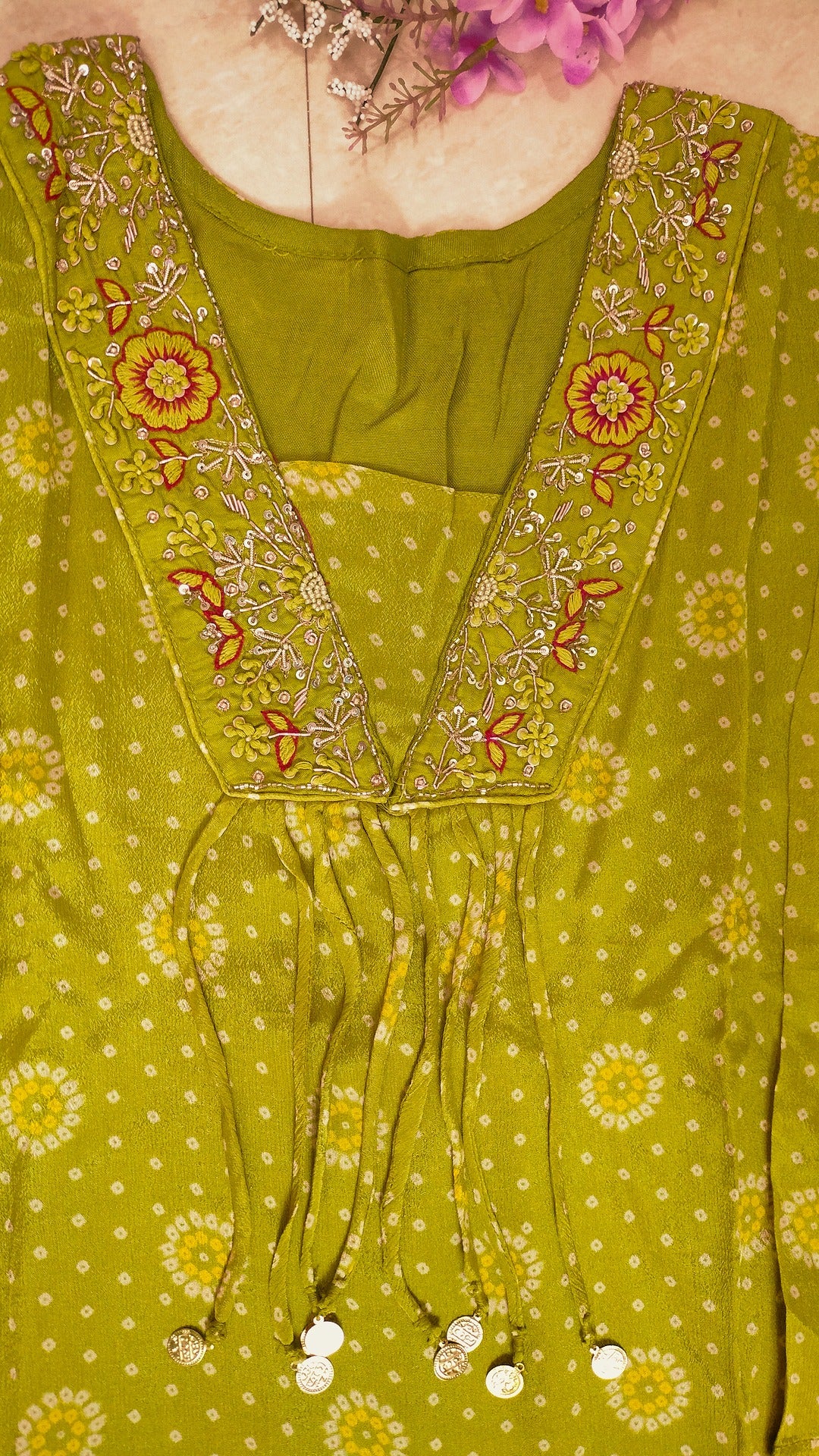 Olive green Chinon bandhej suit set