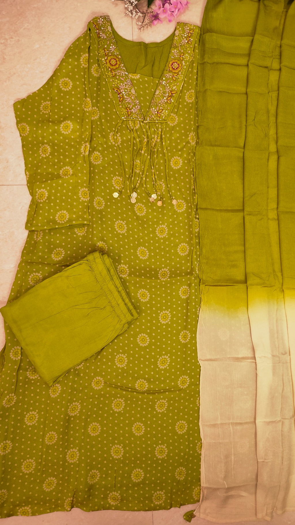 Olive green Chinon bandhej suit set