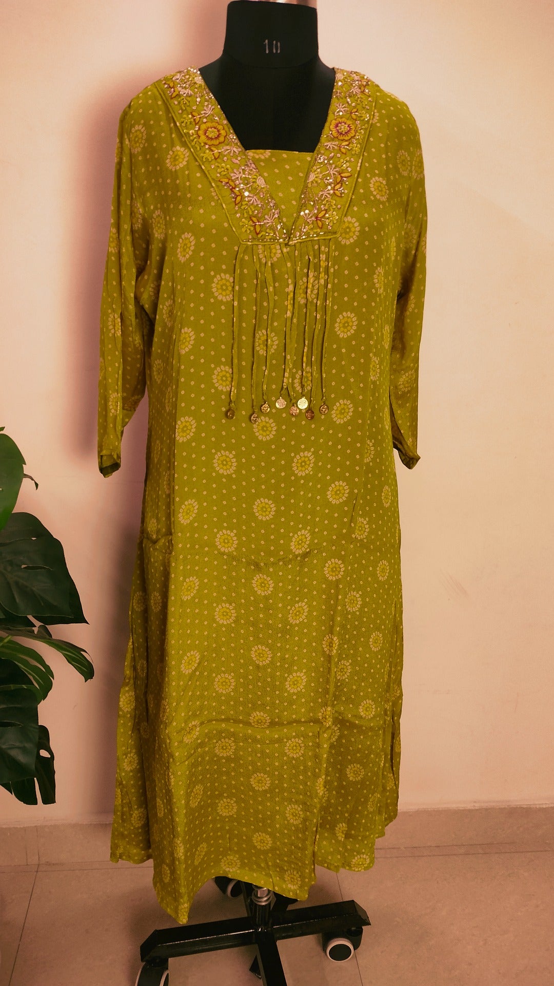 Olive green Chinon bandhej suit set