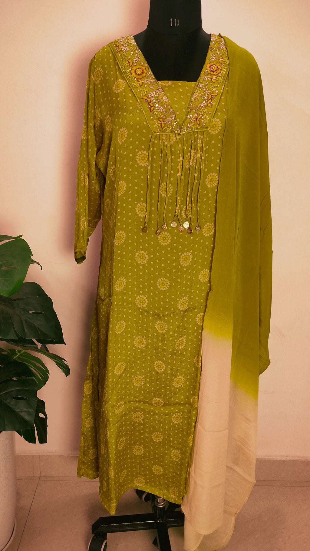 Olive green Chinon bandhej suit set