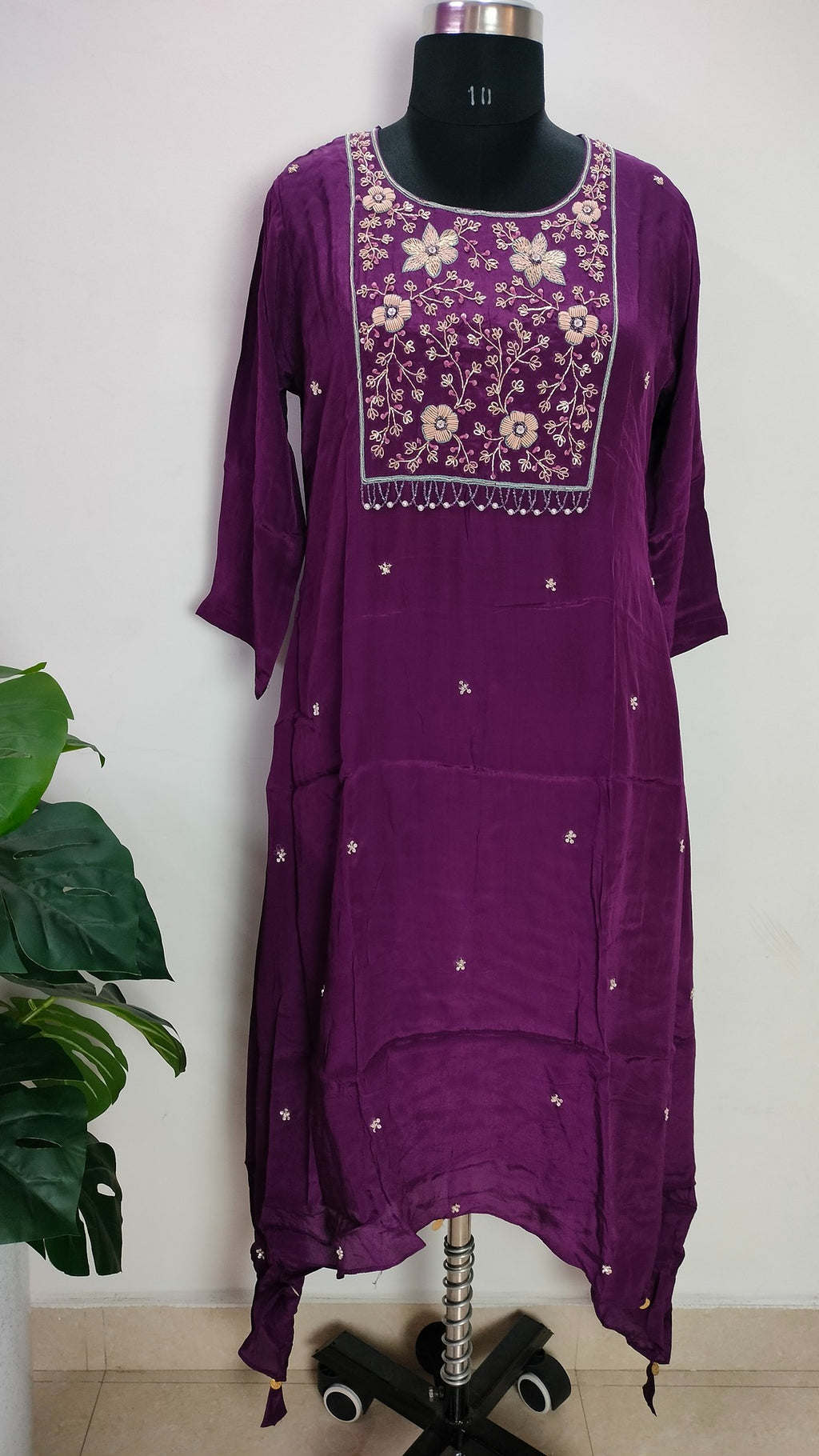 Magenta Purple colour A-line Crepe asymmetric suit set