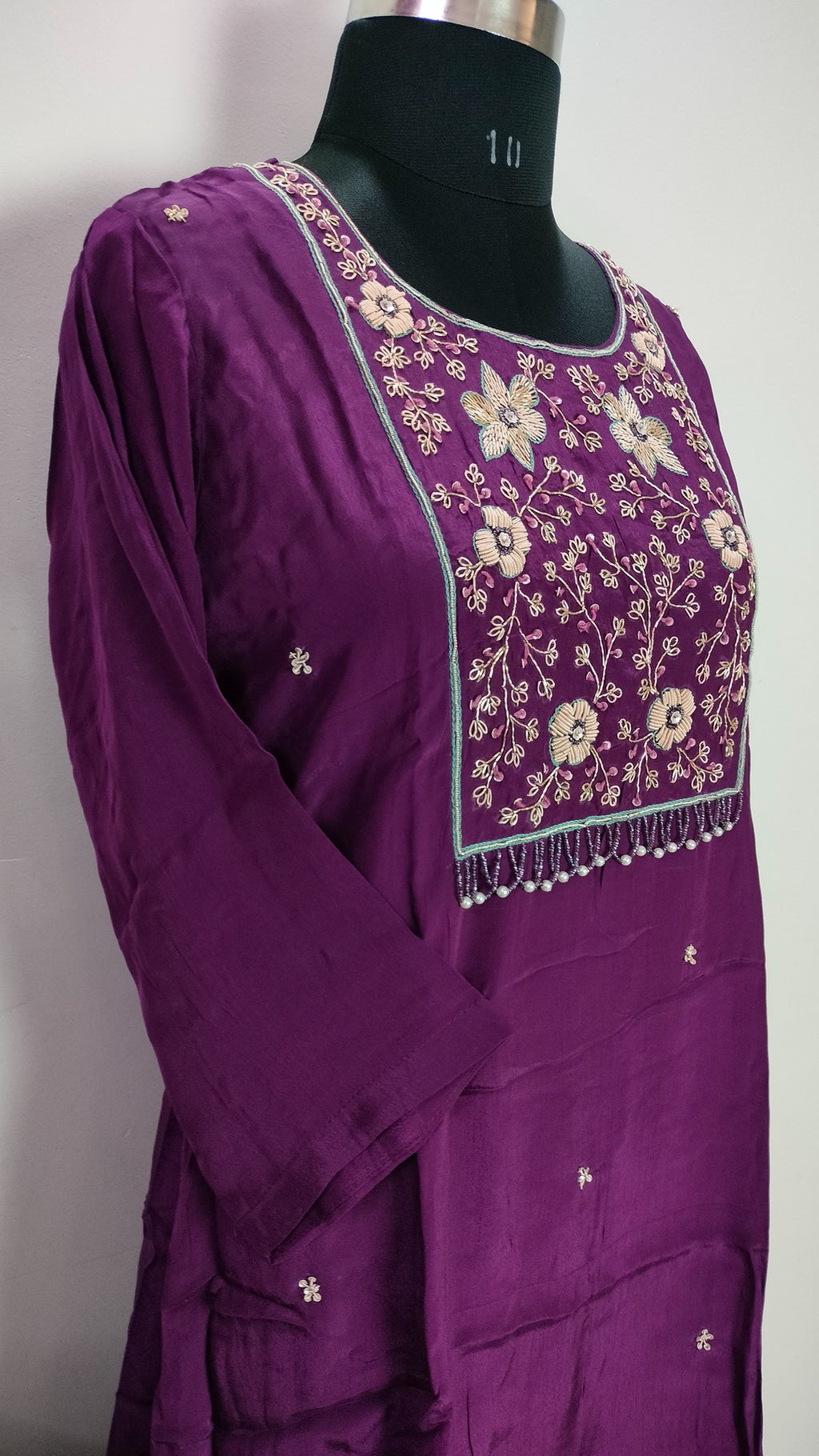 Magenta Purple colour A-line Crepe asymmetric suit set