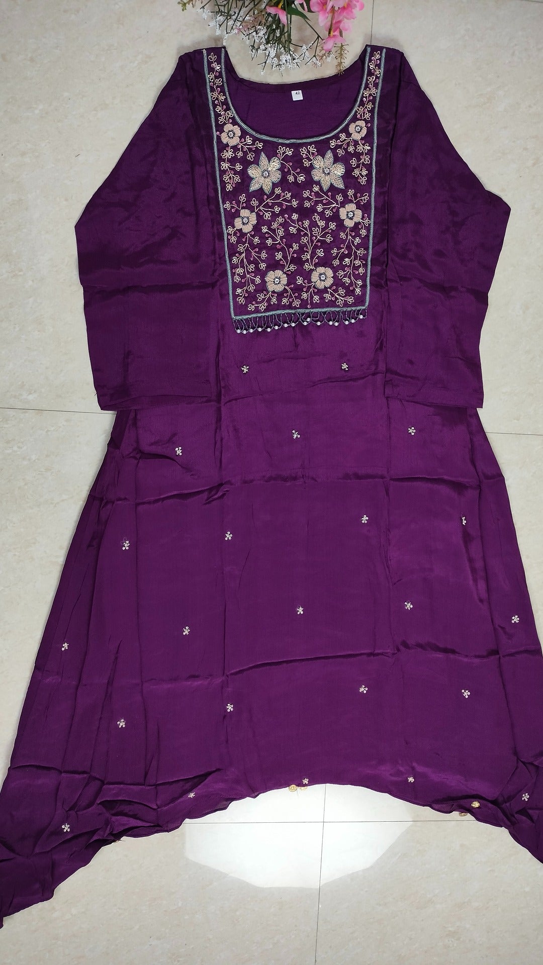 Magenta Purple colour A-line Crepe asymmetric suit set