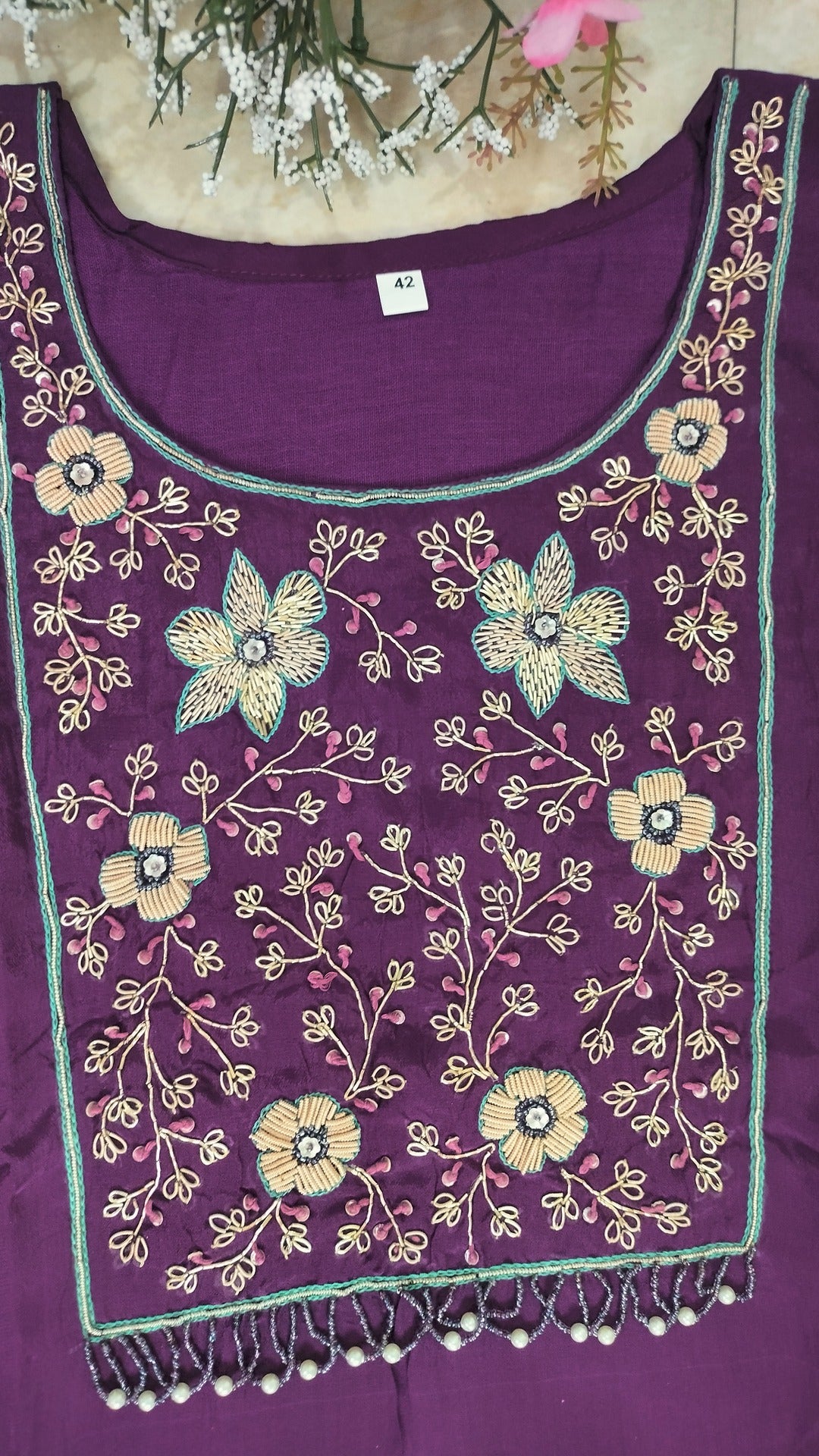 Magenta Purple colour A-line Crepe asymmetric suit set