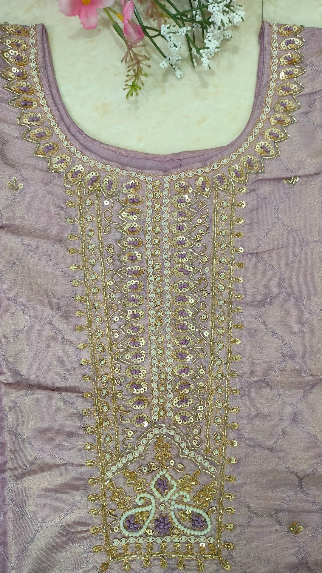 Onion pink/Mauve jaquard tissue straight fit 3-piece suit set