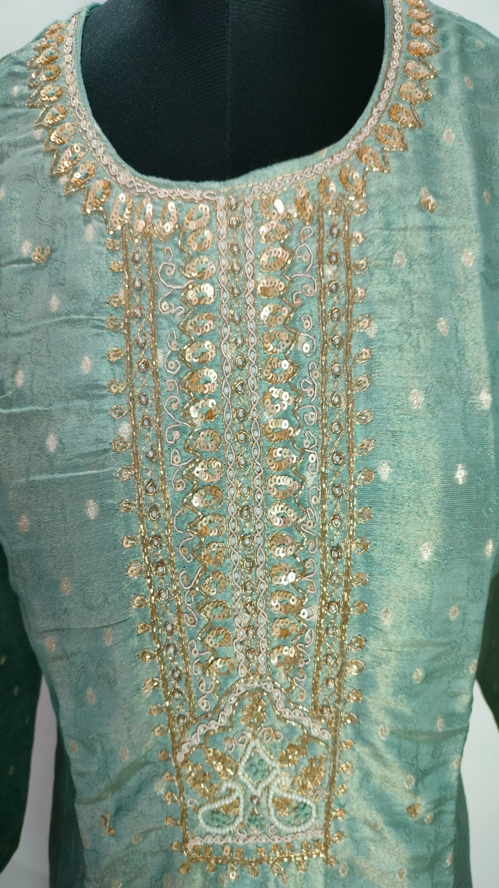 Sea green jaquard tissue straight fit 3-piece suit set