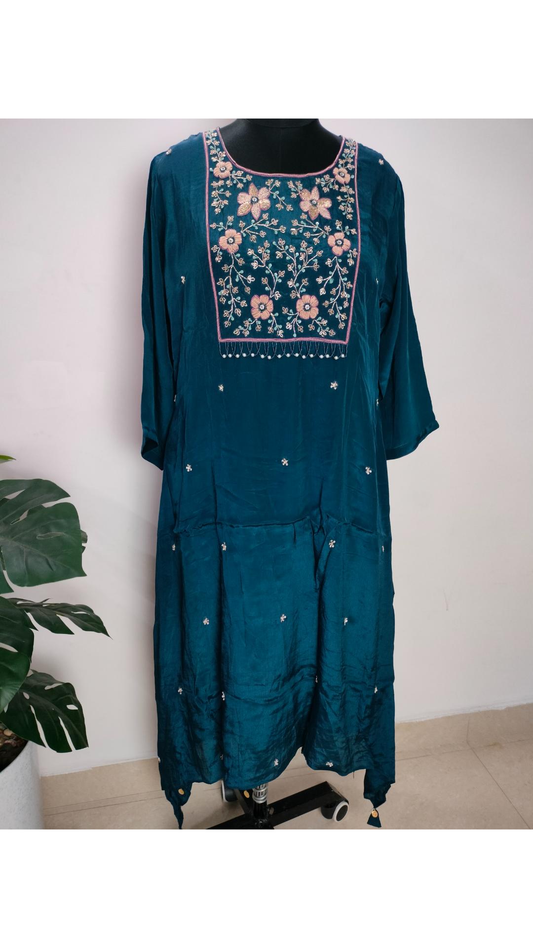 Teal colour A-line Crepe asymmetric suit set