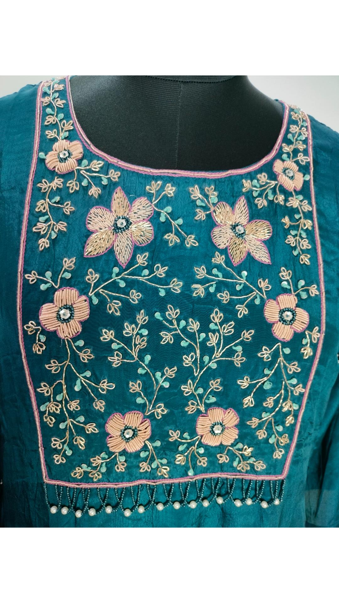 Teal colour A-line Crepe asymmetric suit set