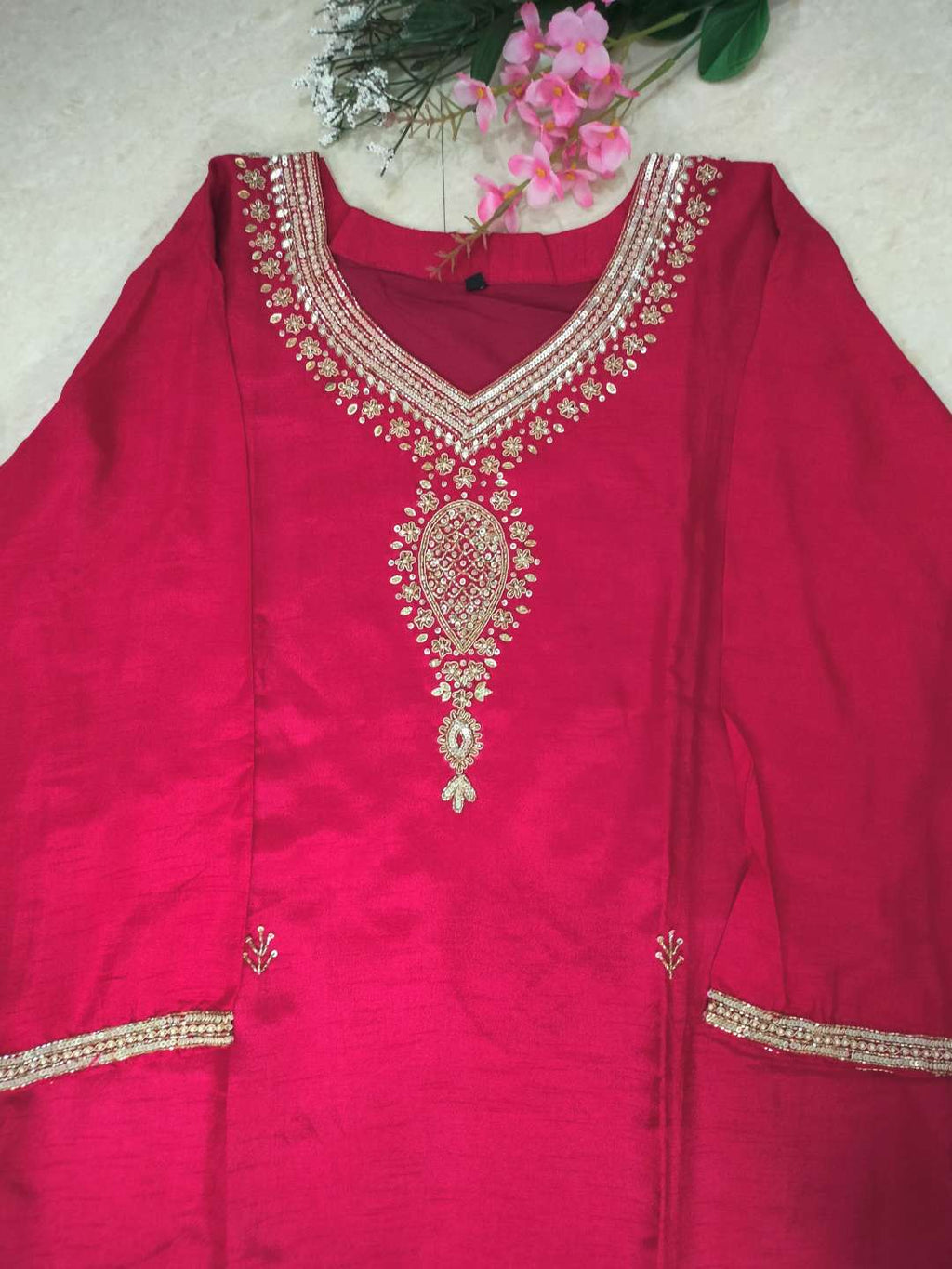 Dark pink colour dola silk straight fit 3-piece suit set