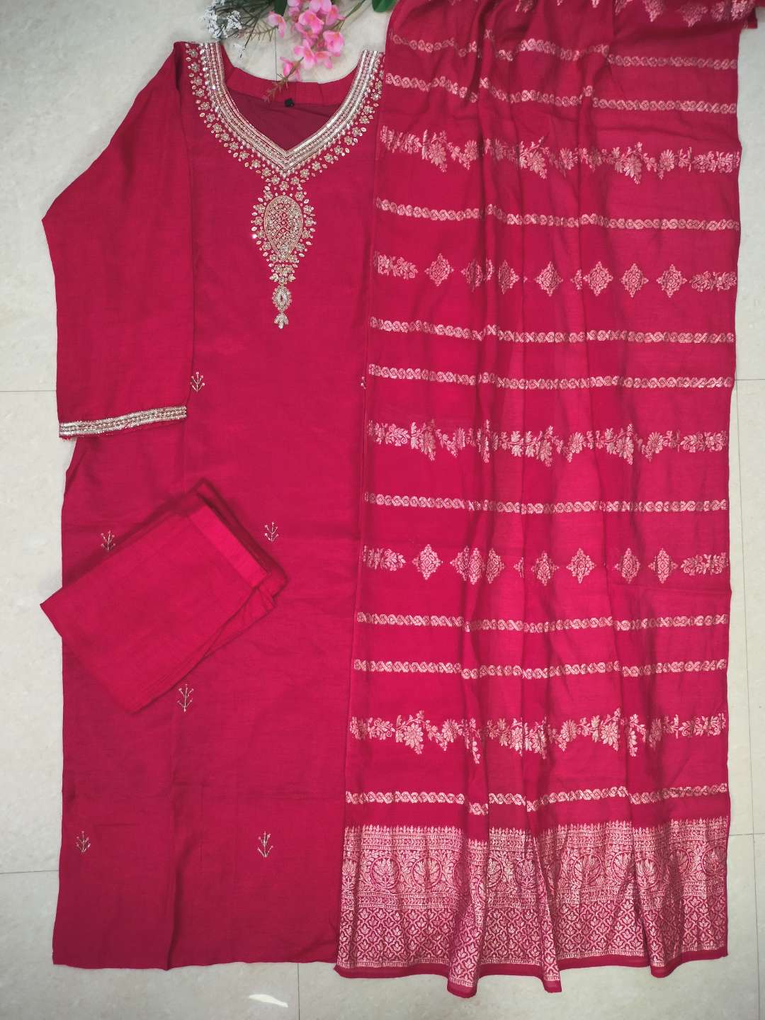 Dark pink colour dola silk straight fit 3-piece suit set