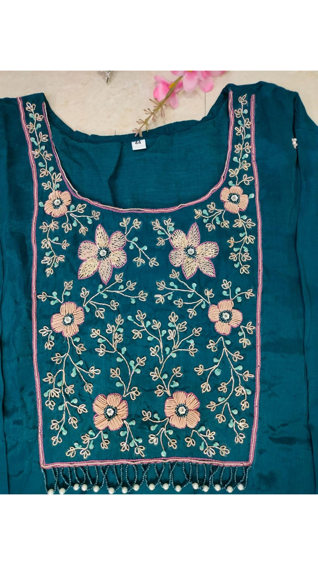 Teal colour A-line Crepe asymmetric suit set