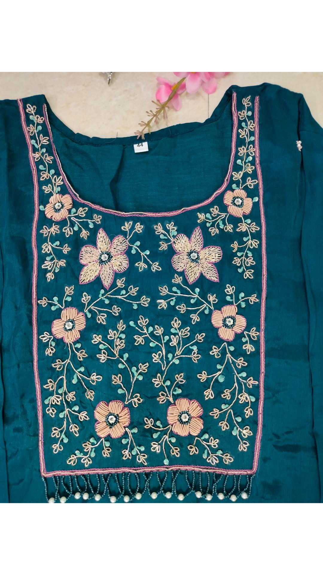 Teal colour A-line Crepe asymmetric suit set