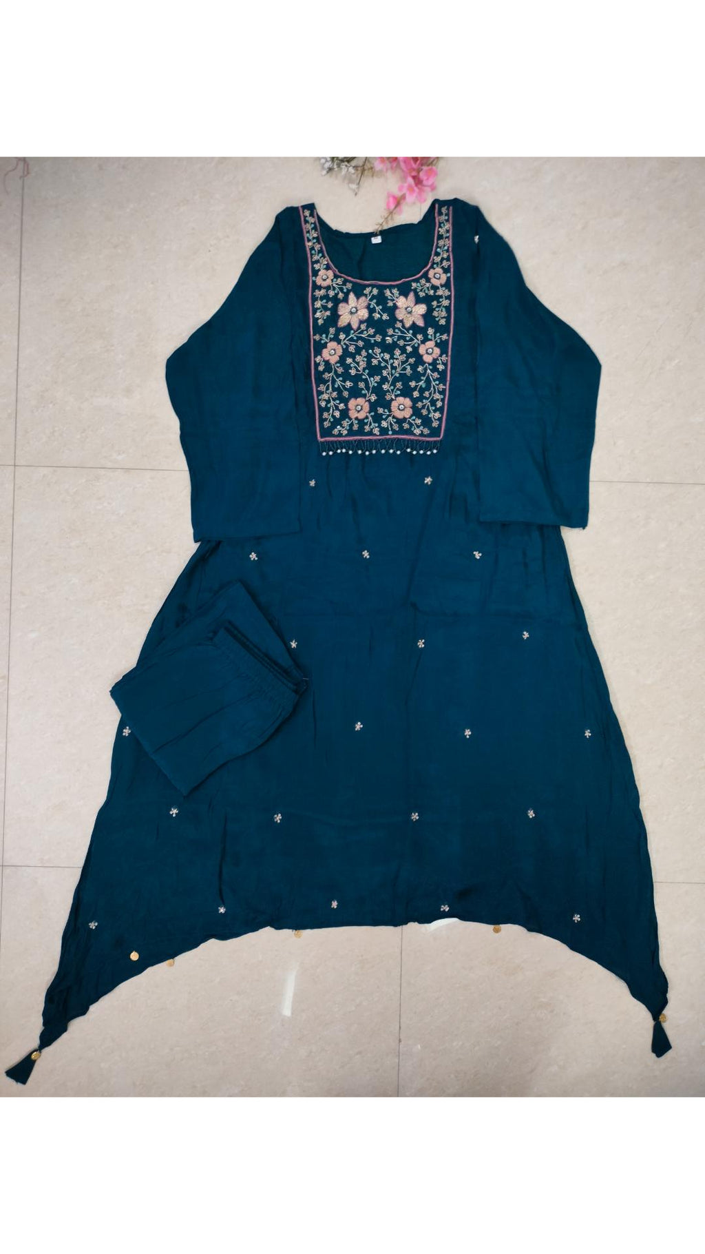 Teal colour A-line Crepe asymmetric suit set