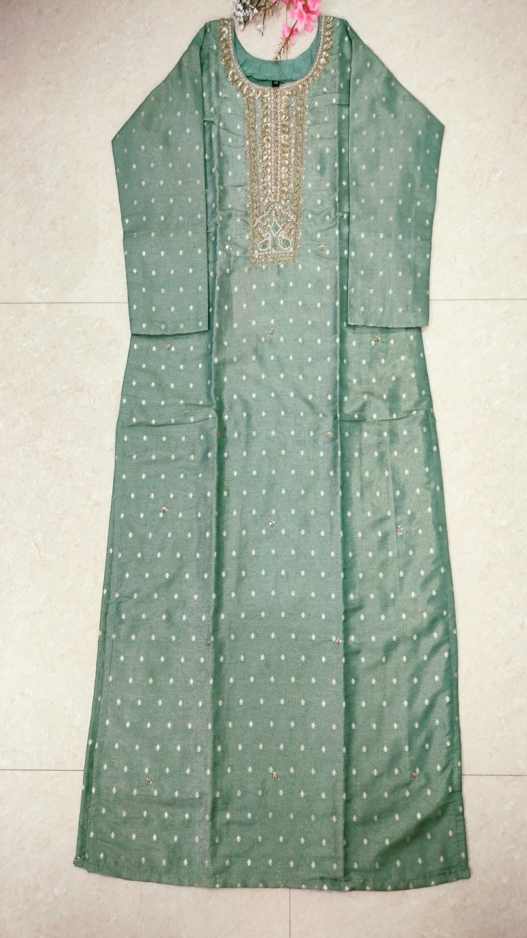 Sea green jaquard tissue straight fit 3-piece suit set