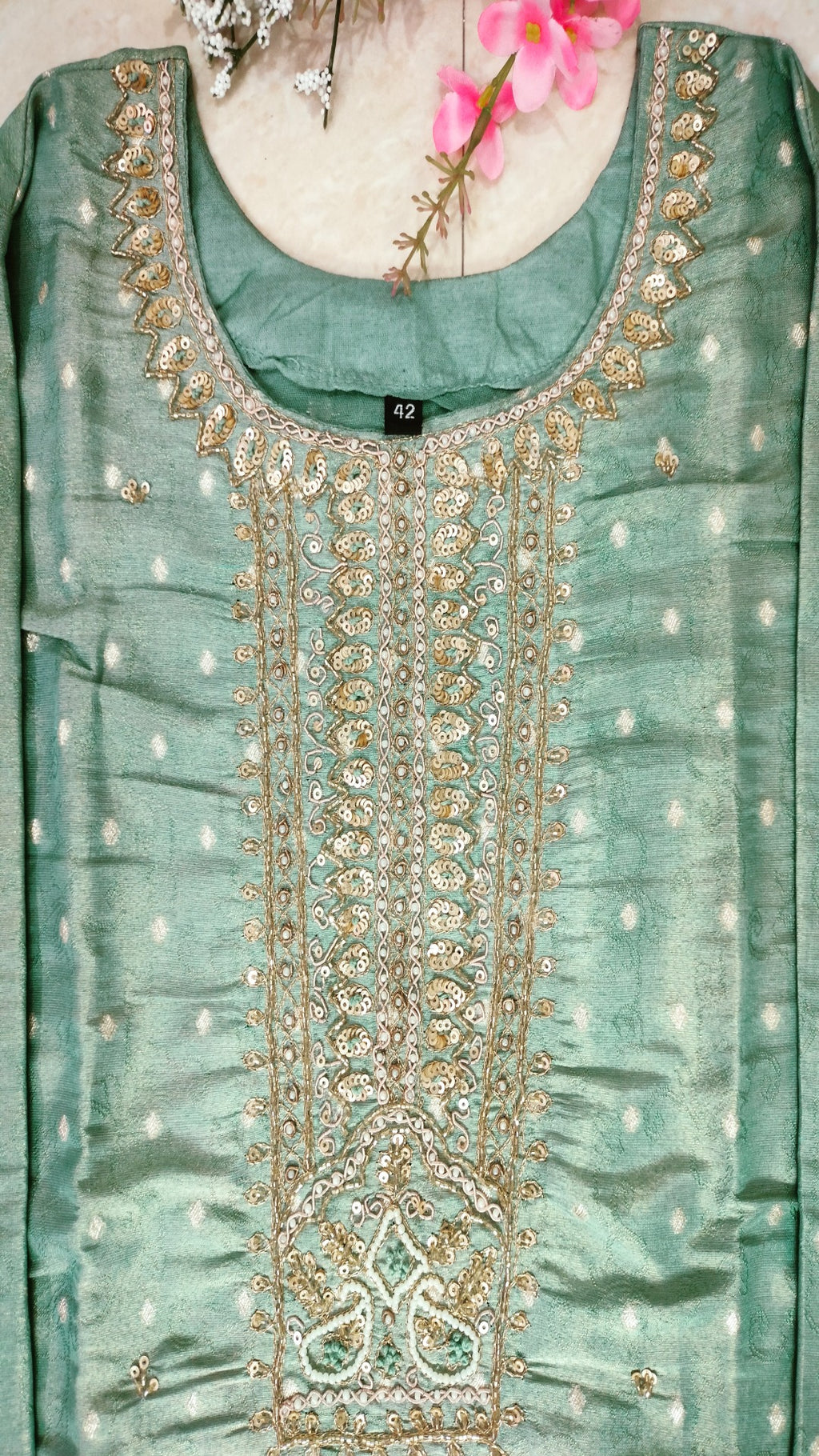 Sea green jaquard tissue straight fit 3-piece suit set