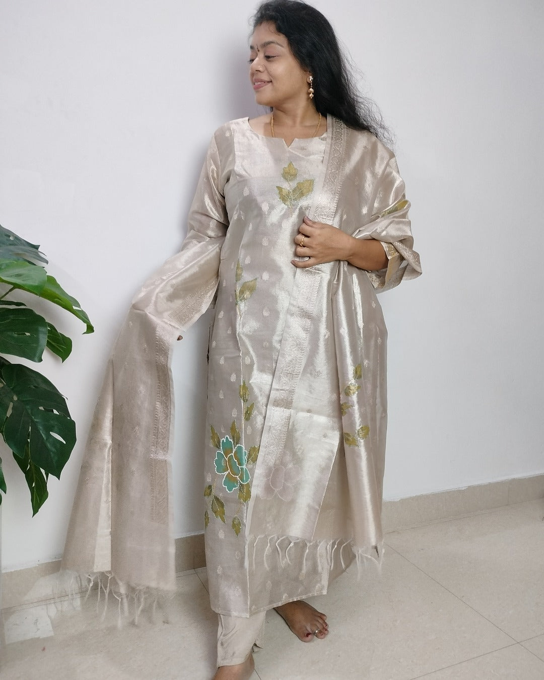 Tissue straight cut 3-piece kurti set