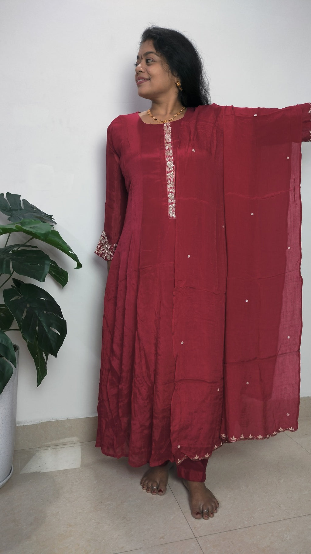 Dark Pink color pure Chinon 3 piece Anarkali suit set