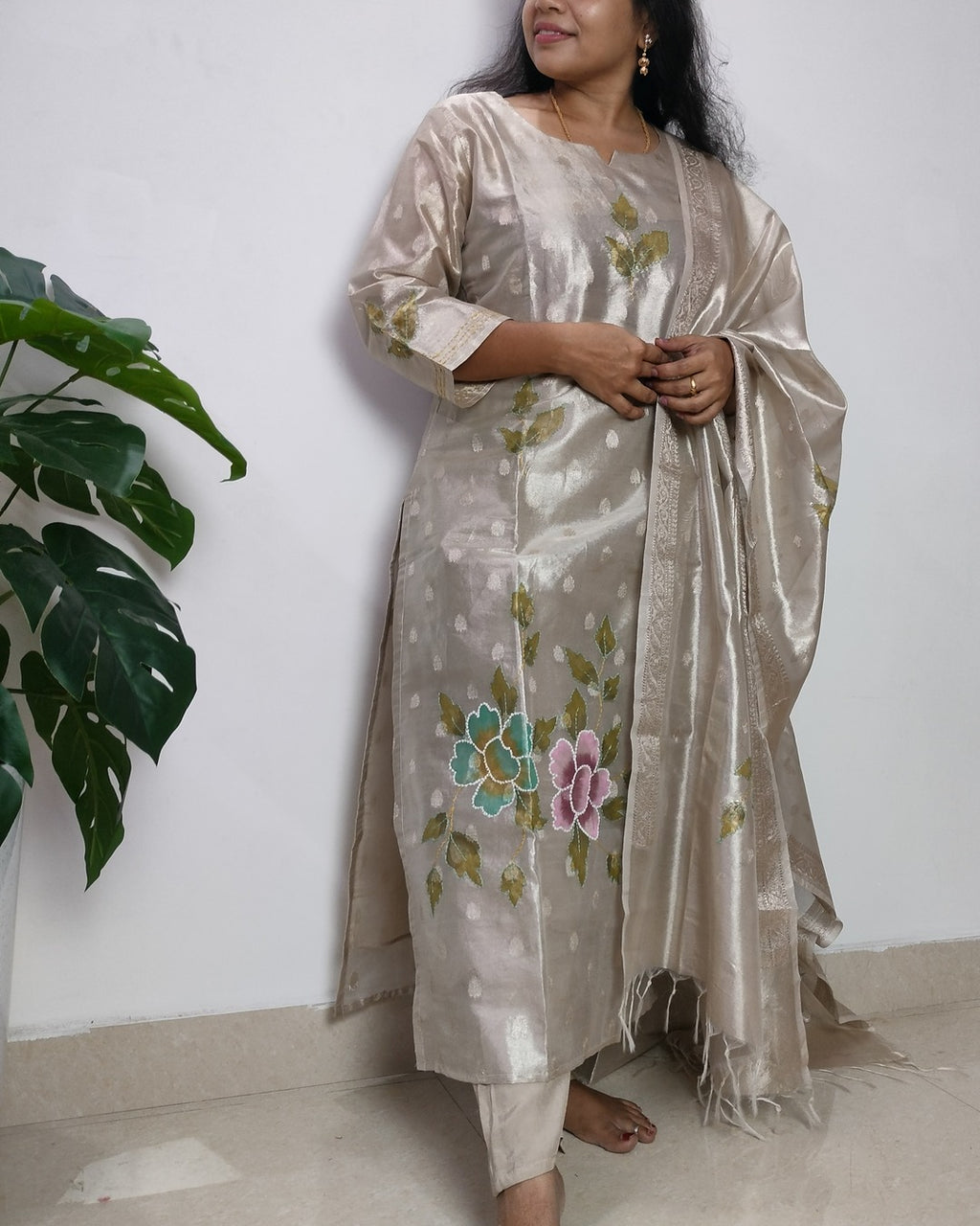 Tissue straight cut 3-piece kurti set