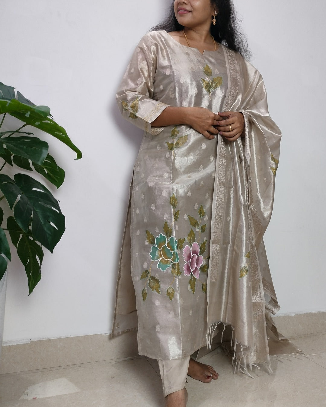 Tissue straight cut 3-piece kurti set