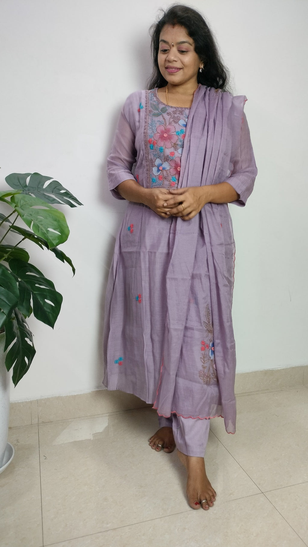 Mulchanderi dusty lavender color 3 piece A-line kurthi set