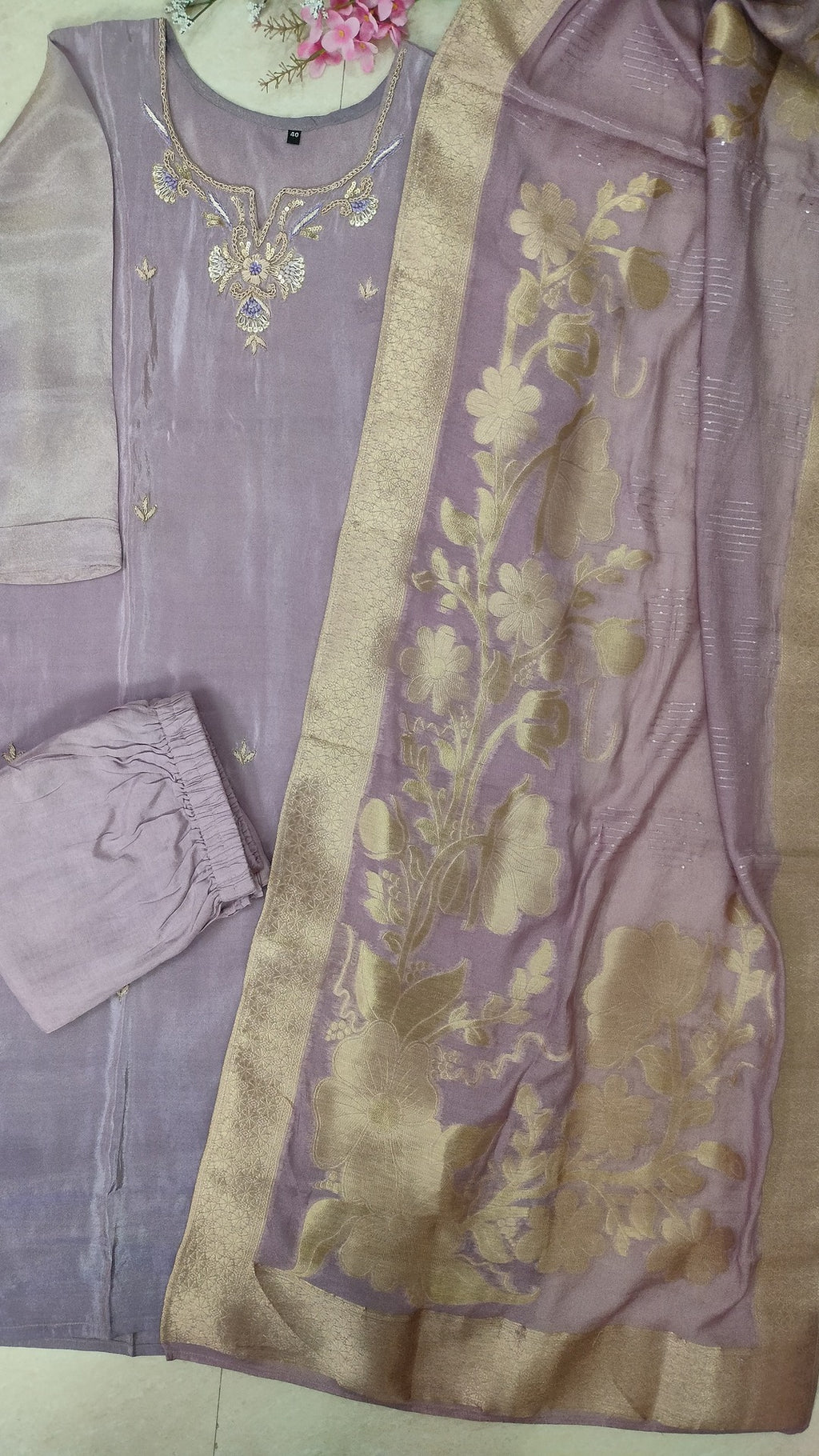 lilac ombre tissue 3 piece straight cut tunic set