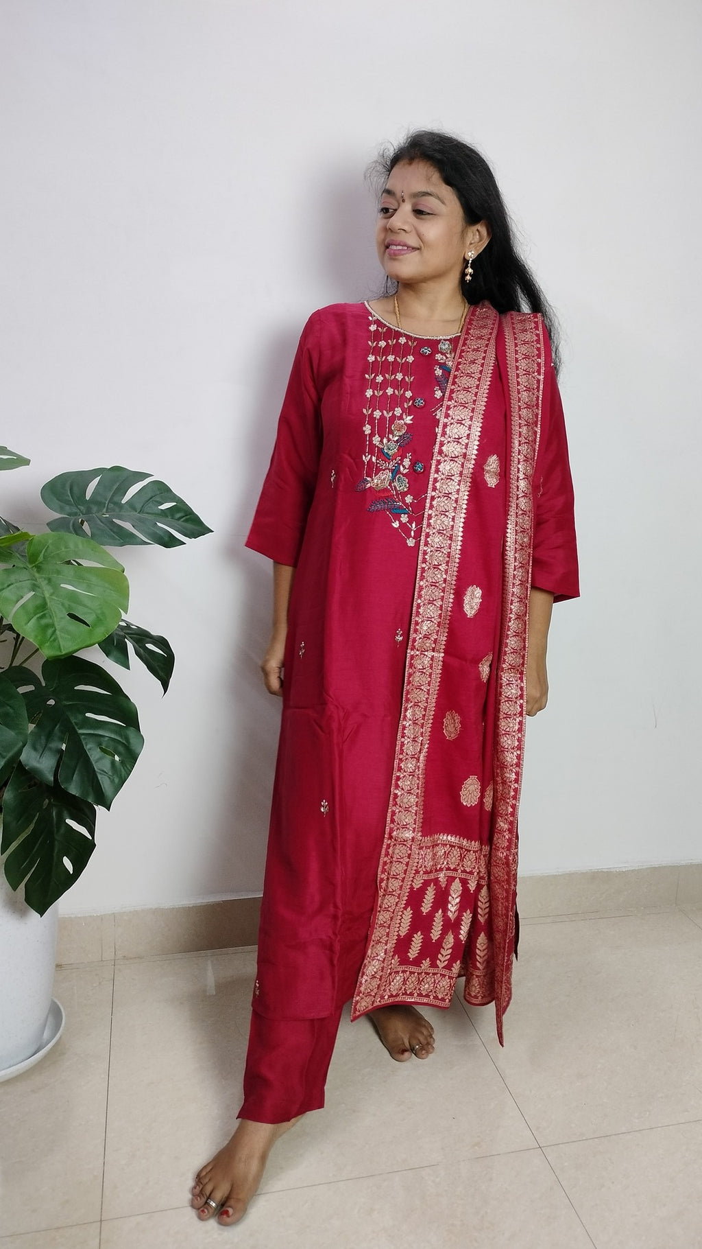 Maroon Dola Silk Straight cut 3-piece kurti set