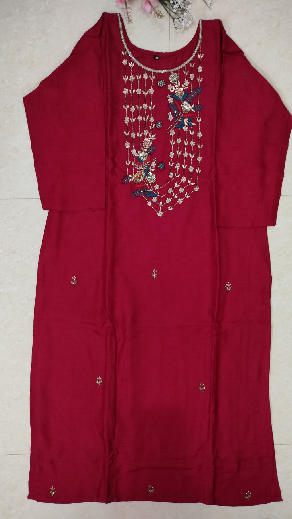 Maroon Dola Silk Straight cut 3-piece kurti set