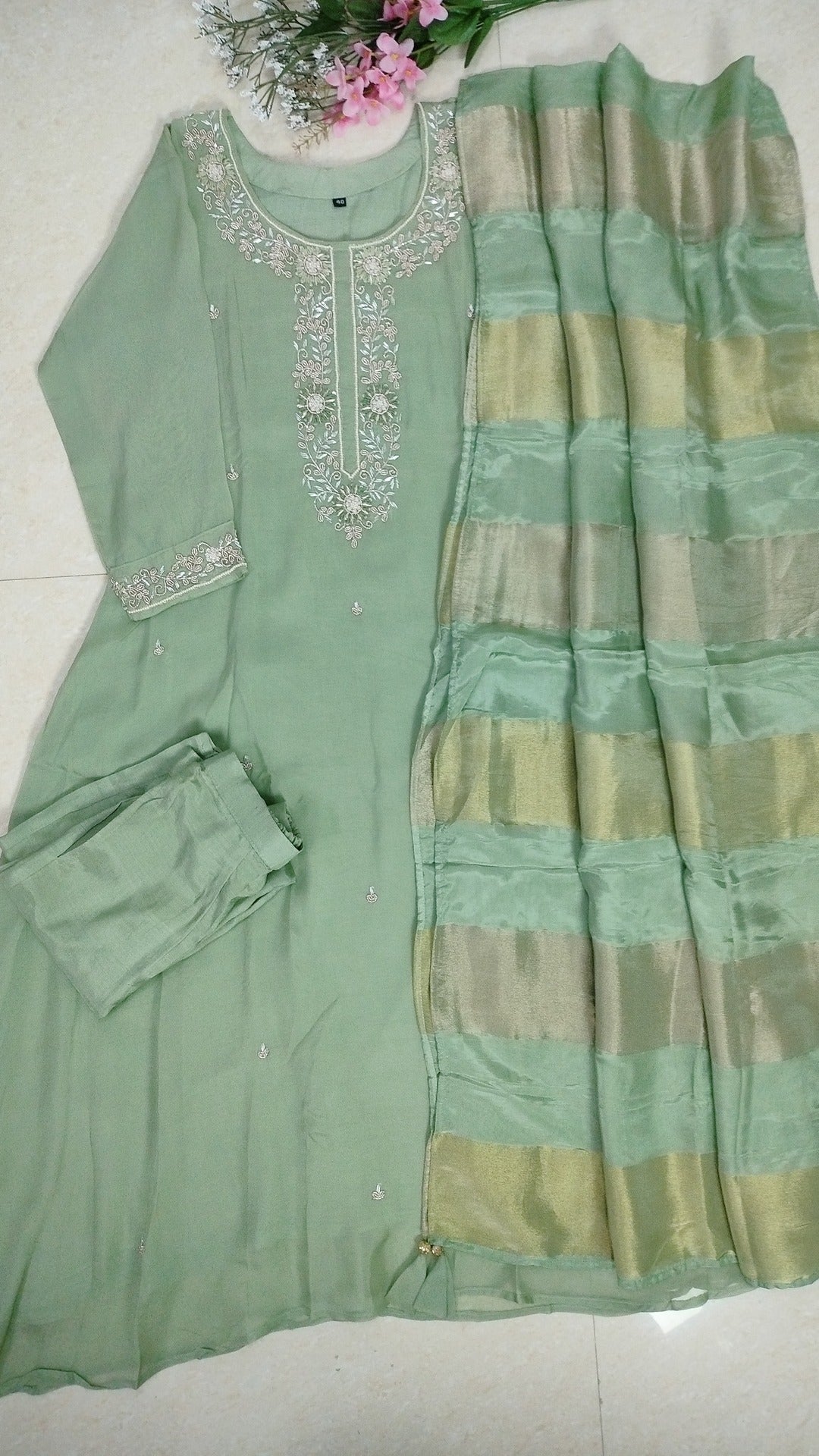 Sage green soft organza A-line 3- piece suit set.
