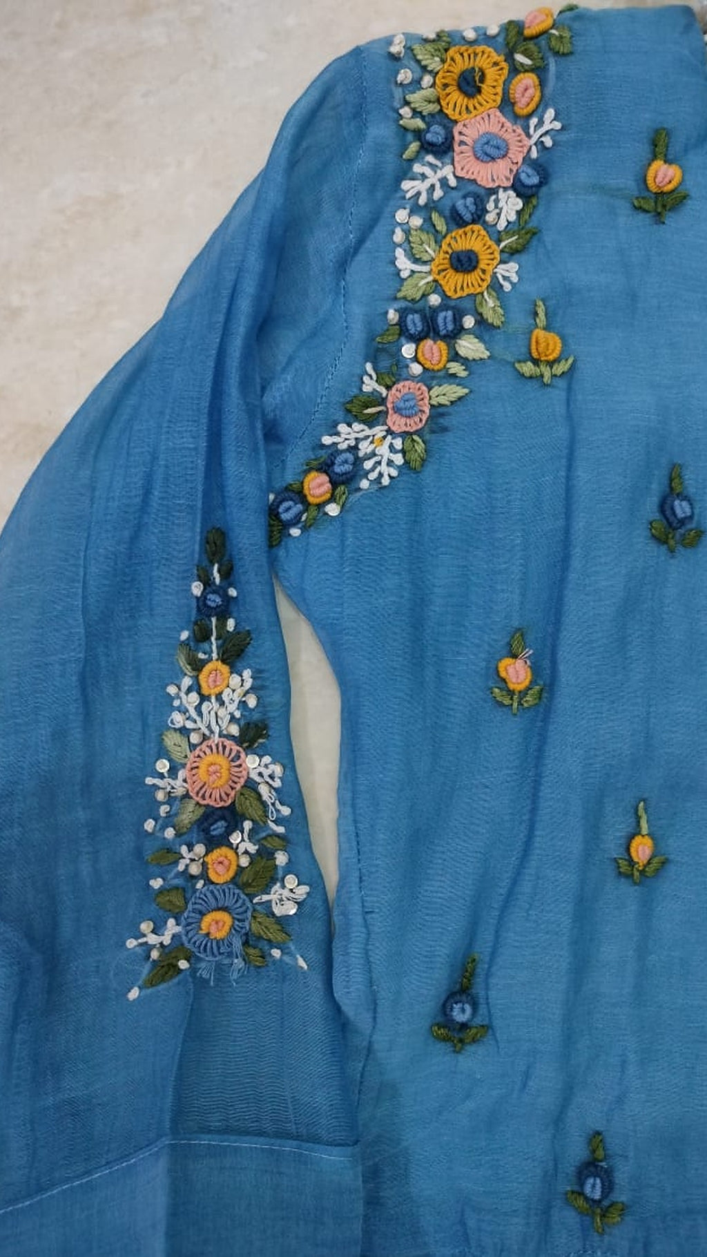 Mulchanderi sky blue color 3 piece A-line kurthi set