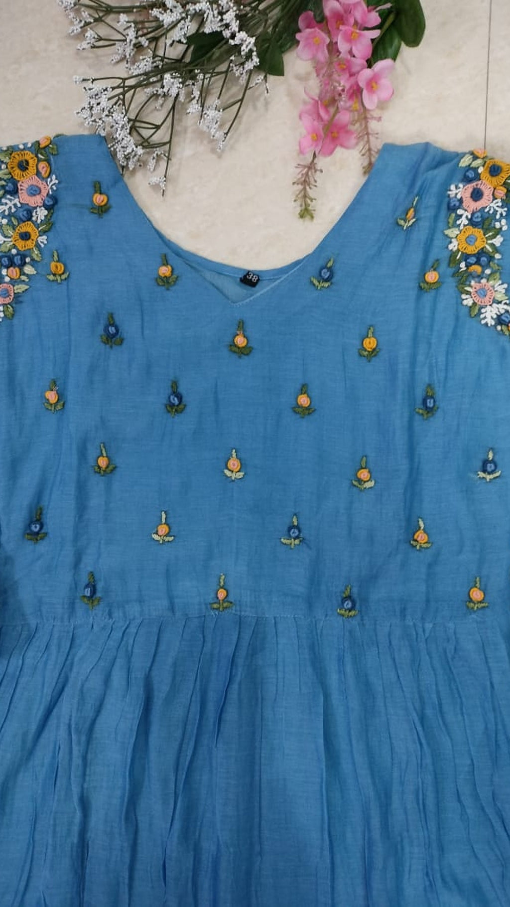 Mulchanderi sky blue color 3 piece A-line kurthi set