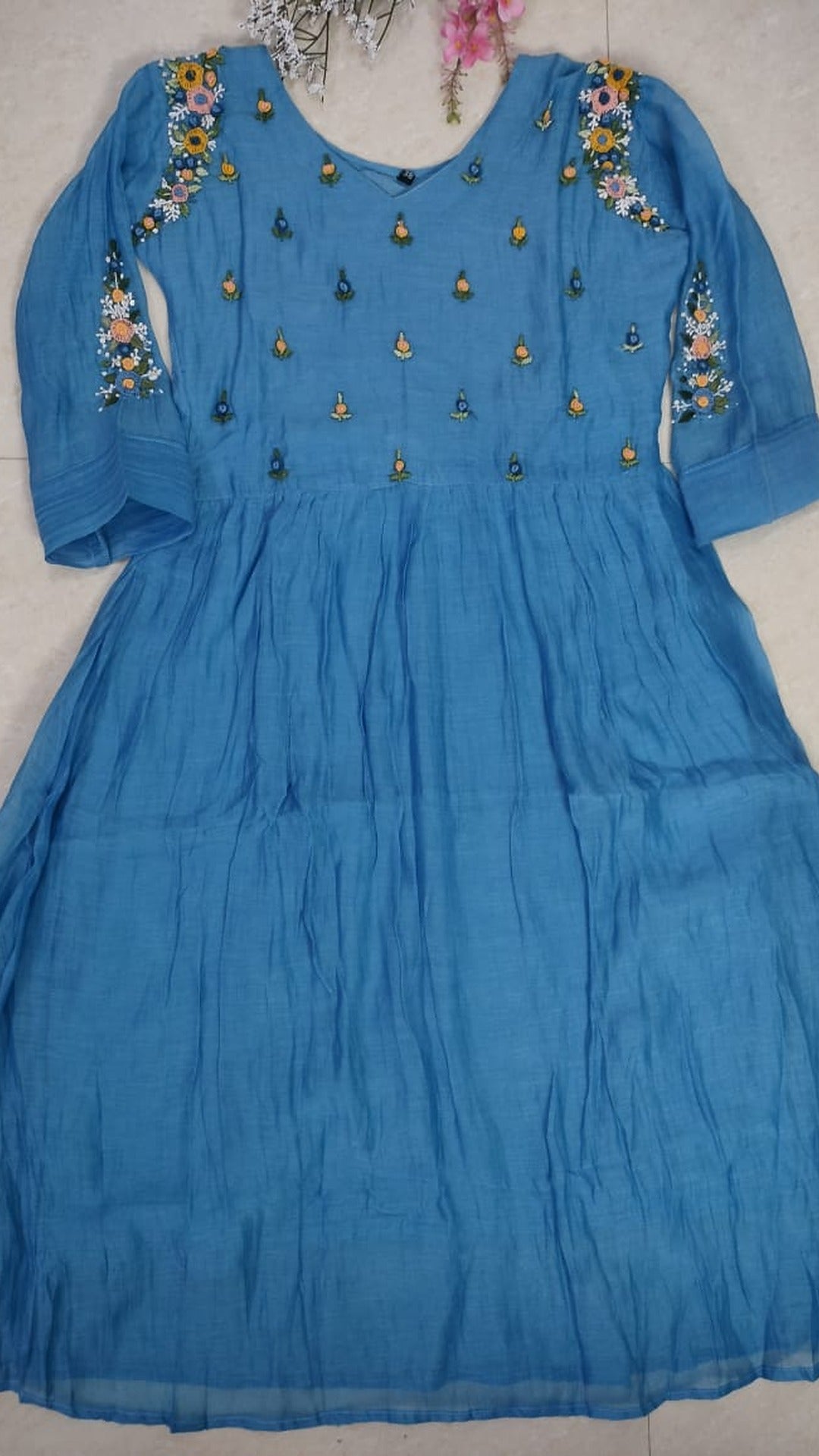 Mulchanderi sky blue color 3 piece A-line kurthi set