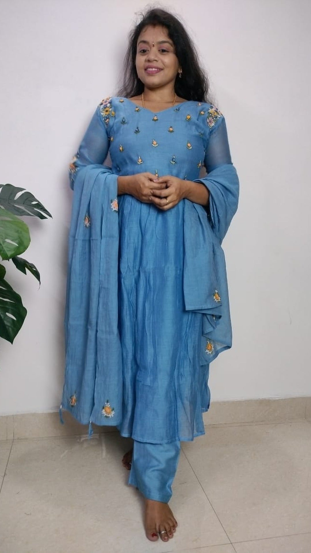 Mulchanderi sky blue color 3 piece A-line kurthi set