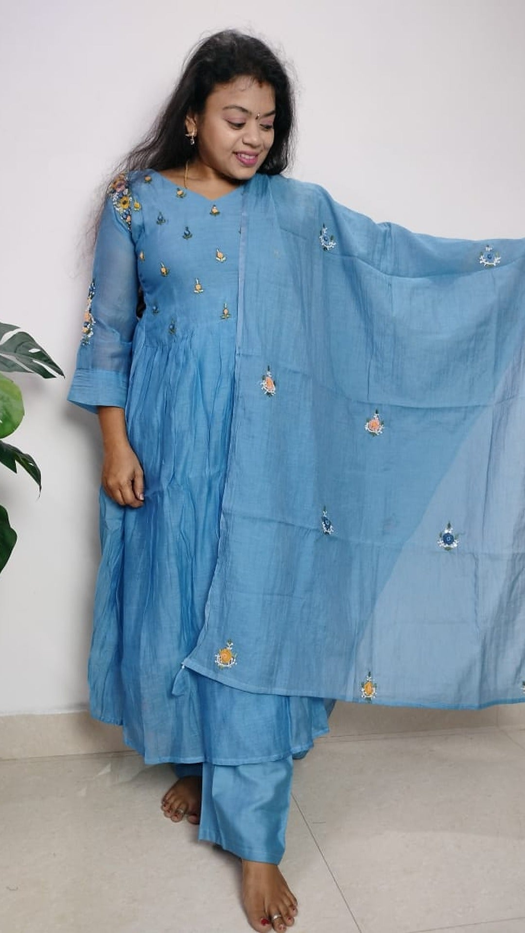 Mulchanderi sky blue color 3 piece A-line kurthi set