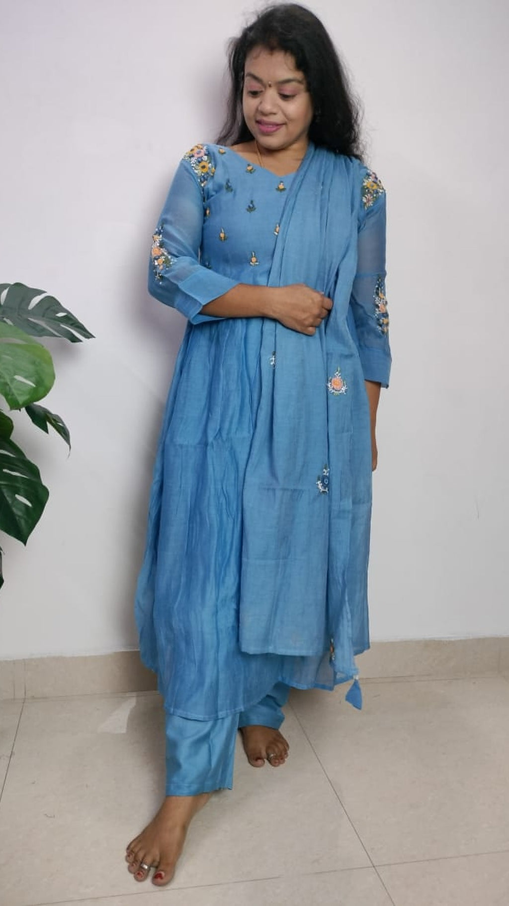 Mulchanderi sky blue color 3 piece A-line kurthi set
