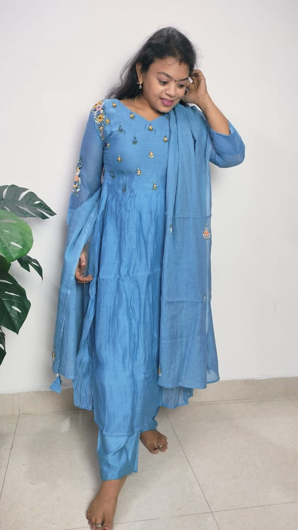 Mulchanderi sky blue color 3 piece A-line kurthi set