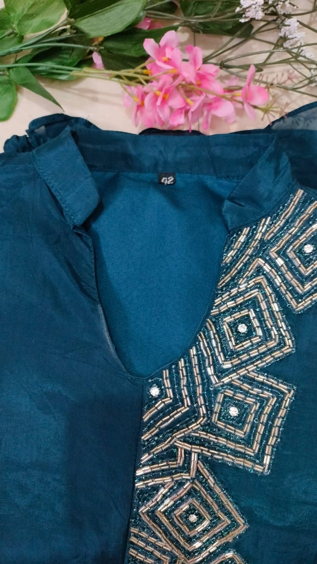 Teal colour Vatican silk kurta-palazzo/co-ord set