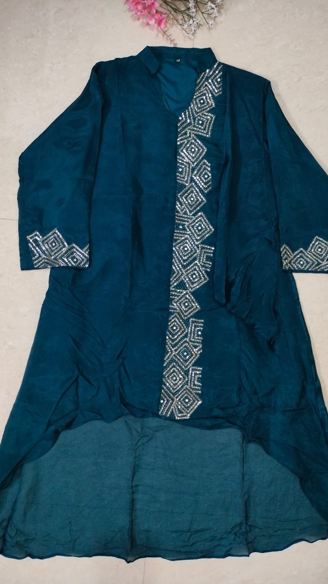 Teal colour Vatican silk kurta-palazzo/co-ord set