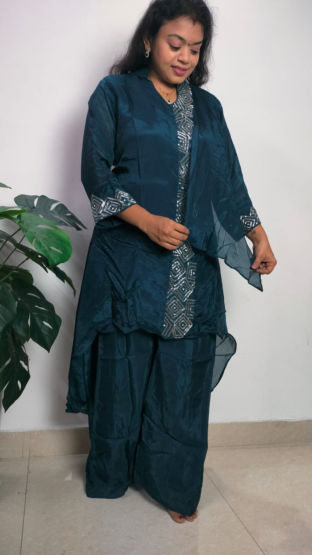 Teal colour Vatican silk kurta-palazzo/co-ord set
