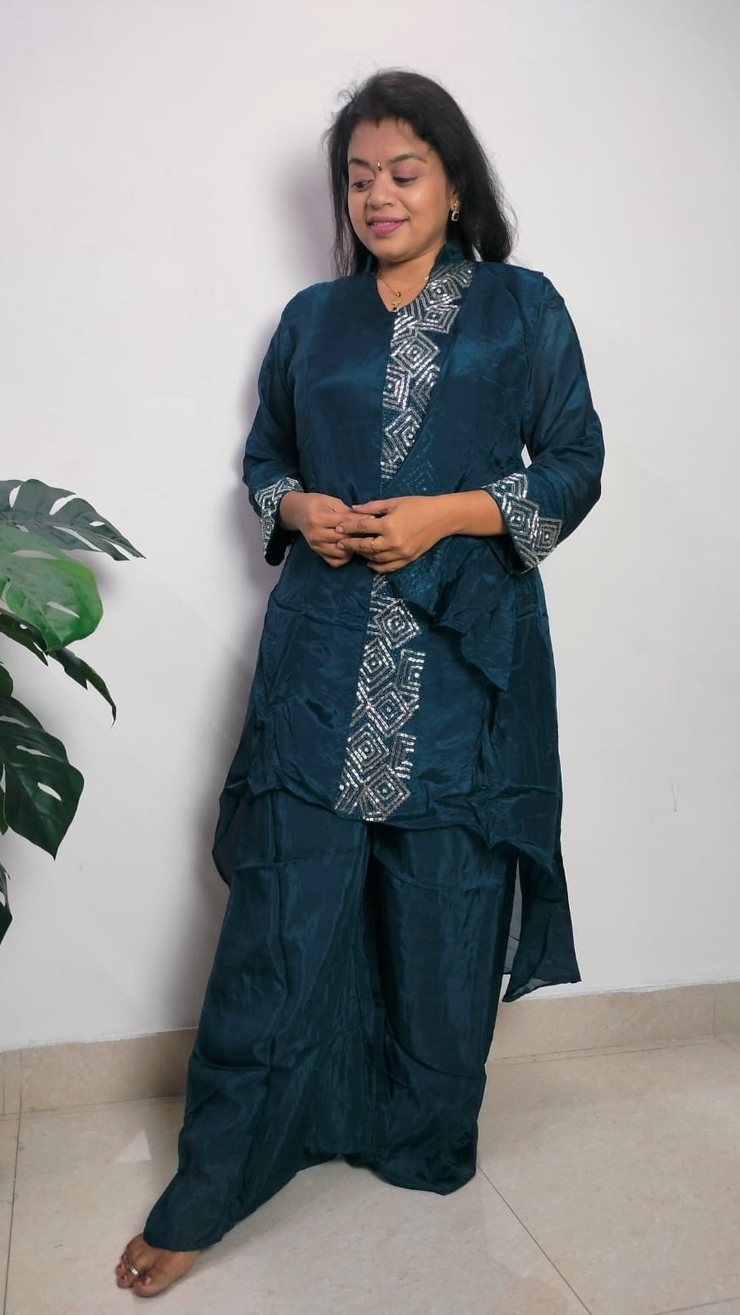Teal colour Vatican silk kurta-palazzo/co-ord set