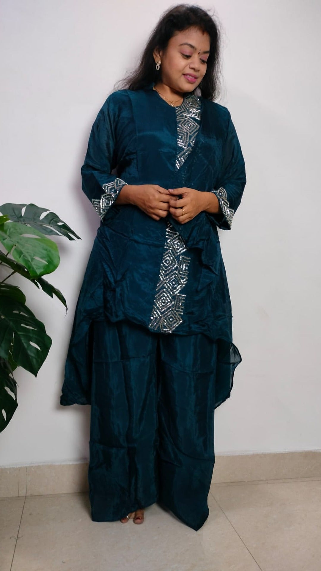Teal colour Vatican silk kurta-palazzo/co-ord set