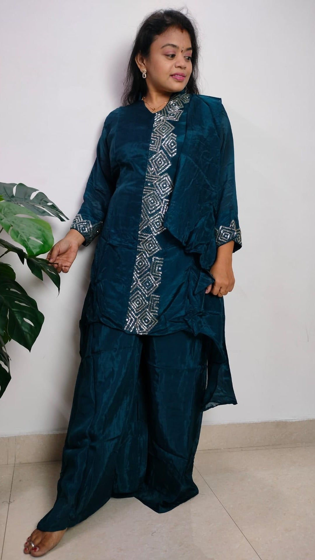 Teal colour Vatican silk kurta-palazzo/co-ord set