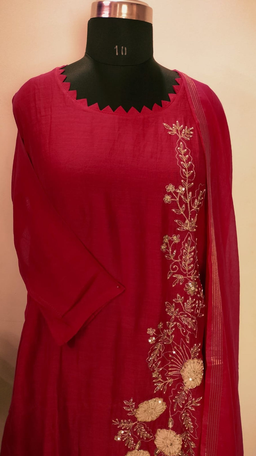 Premium mul chanderi red coloured A-line suit set