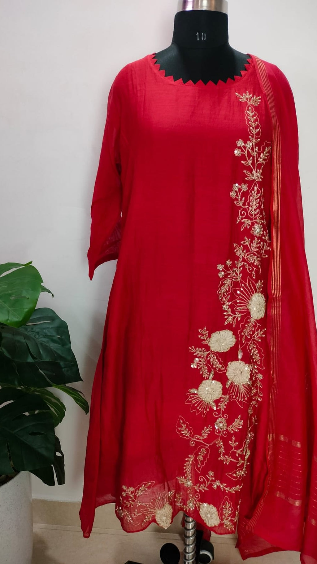 Premium mul chanderi red coloured A-line suit set