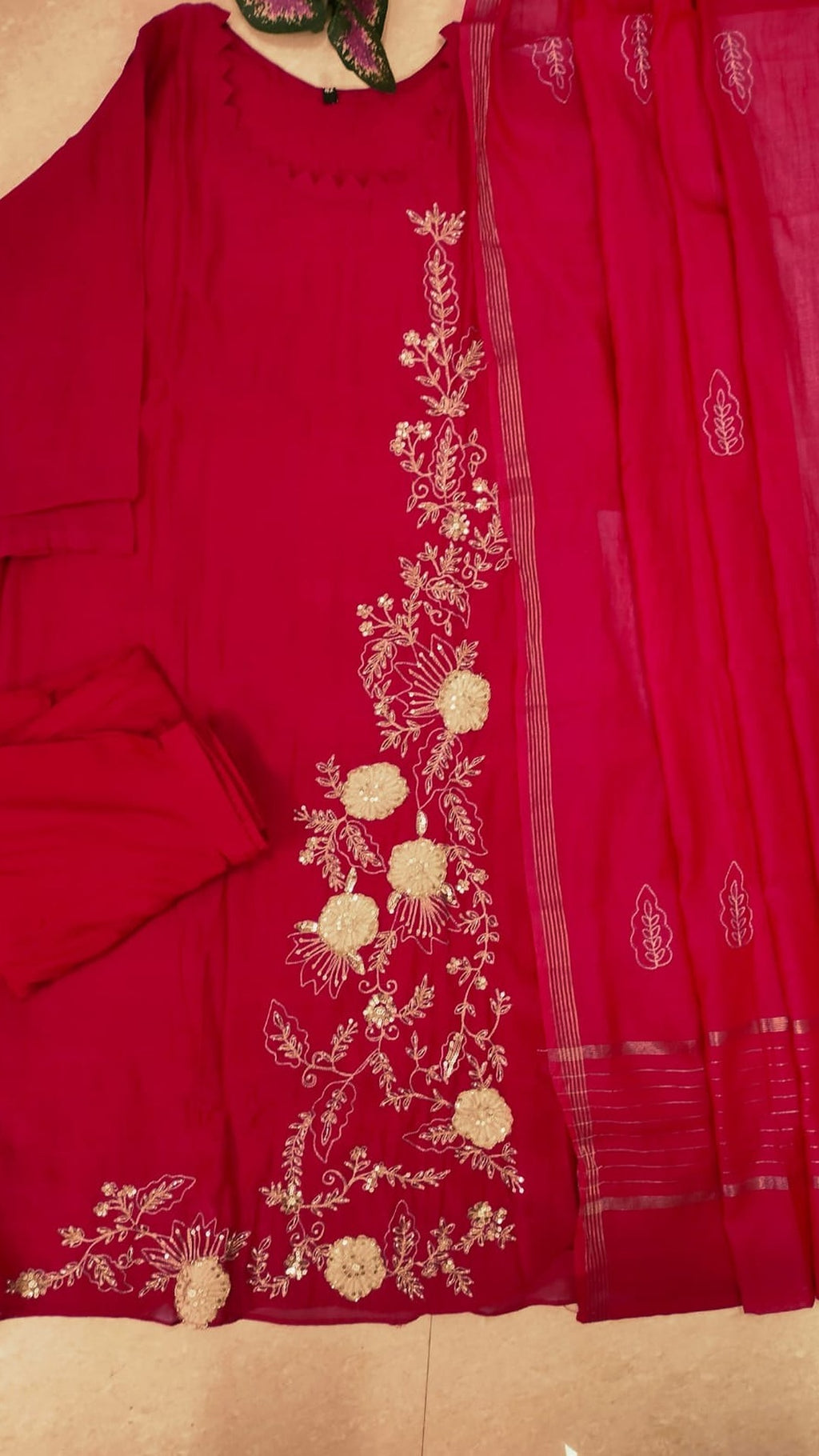Premium mul chanderi red coloured A-line suit set