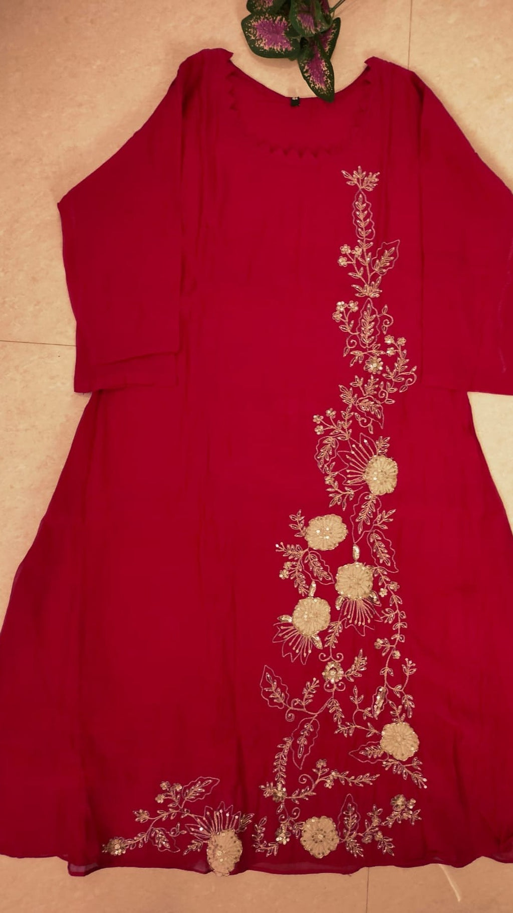 Premium mul chanderi red coloured A-line suit set