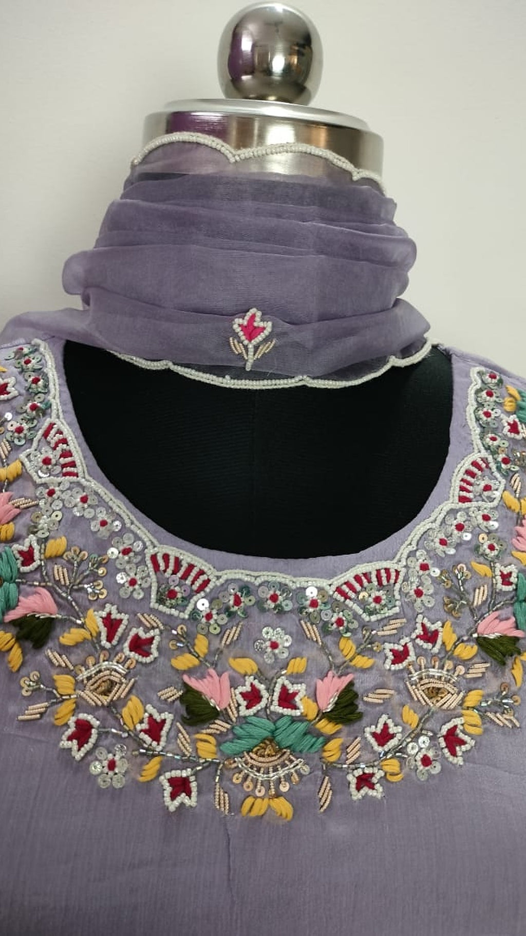 Light lavender colour pure Chinon 3 piece straight-fit kurthi set